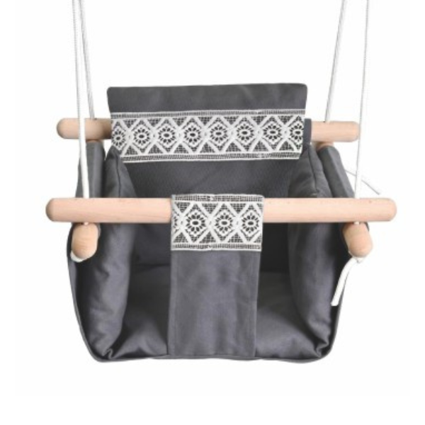 Secure baby swing seat with durable wooden frame setup